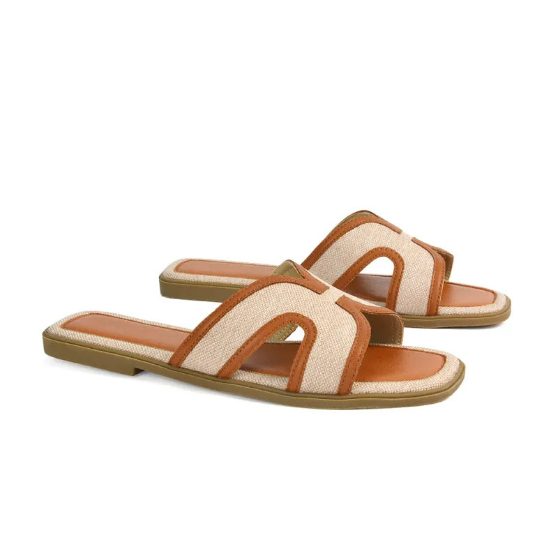 Isabella Slip On Cut Out Square Toe Flat Sandal Slides in Beige sold by XYlondon
