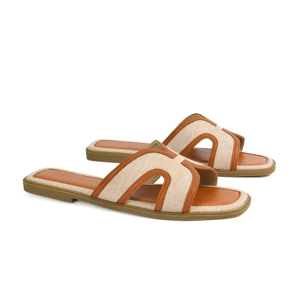 Isabella Slip On Cut Out Square Toe Flat Sandal Slides in Beige sold by XYlondon