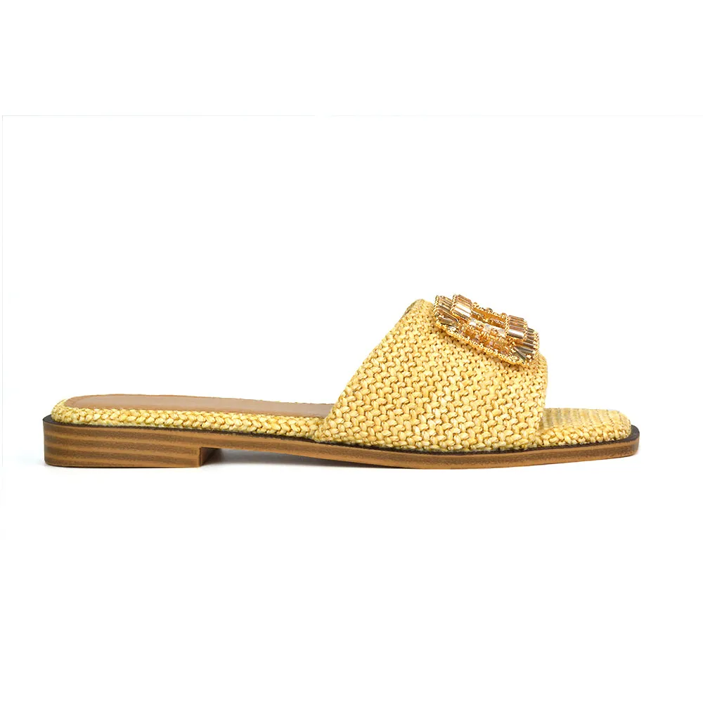 Trina Flat Square Toe Diamante Buckle Woven Slide Sandals in Camel sold by XYlondon product image thumbnail 3