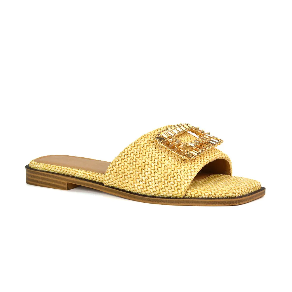Trina Flat Square Toe Diamante Buckle Woven Slide Sandals in Camel sold by XYlondon product image thumbnail 4