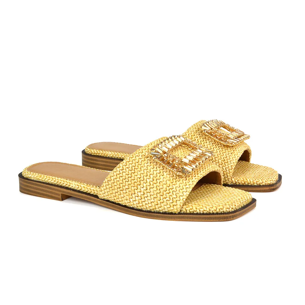 Trina Flat Square Toe Diamante Buckle Woven Slide Sandals in Camel sold by XYlondon product image thumbnail 5