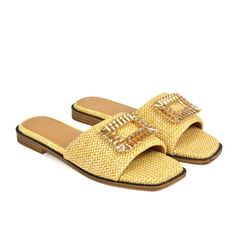 Trina Flat Square Toe Diamante Buckle Woven Slide Sandals in Camel sold by XYlondon