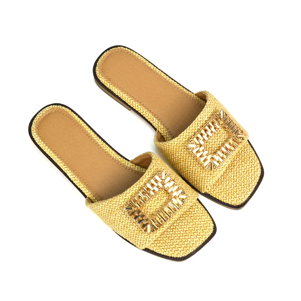 Trina Flat Square Toe Diamante Buckle Woven Slide Sandals in Camel sold by XYlondon product image thumbnail 2