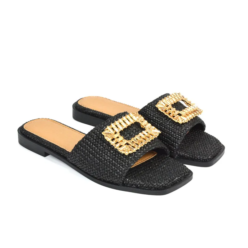 Trina Flat Square Toe Diamante Buckle Woven Slide Sandals in Black sold by XYlondon