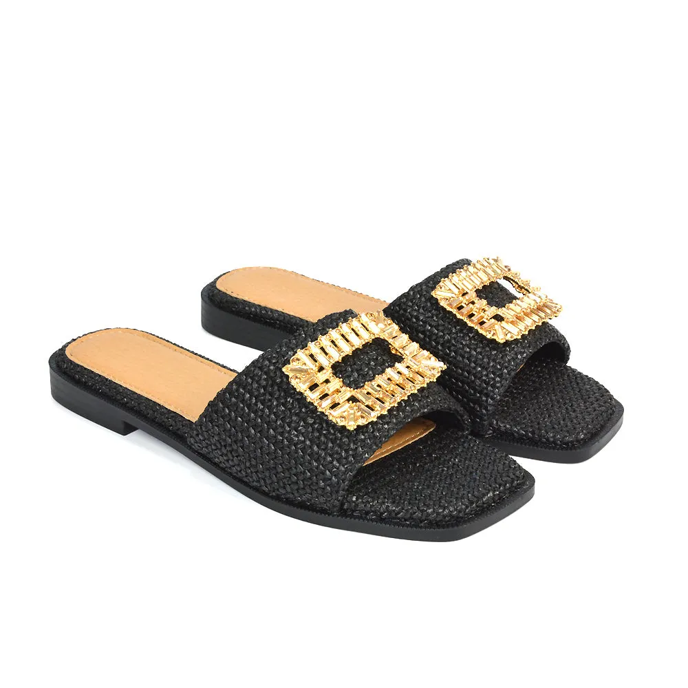 Trina Flat Square Toe Diamante Buckle Woven Slide Sandals in Black sold by XYlondon