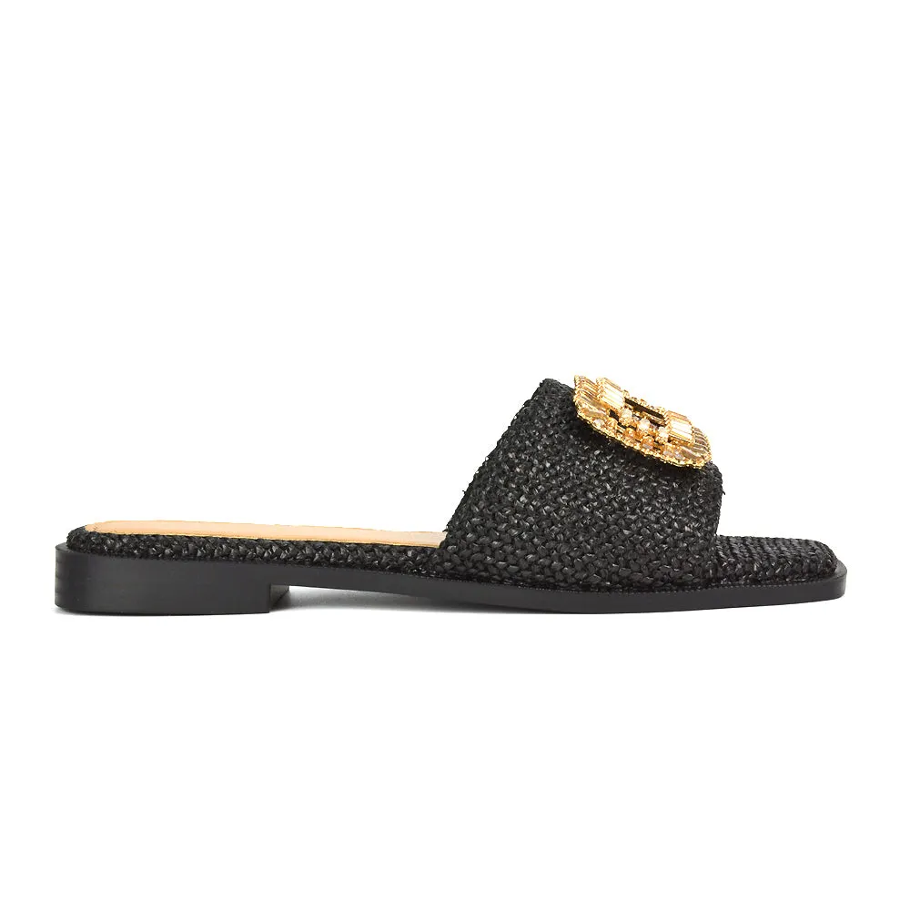 Trina Flat Square Toe Diamante Buckle Woven Slide Sandals in Black sold by XYlondon product image thumbnail 3