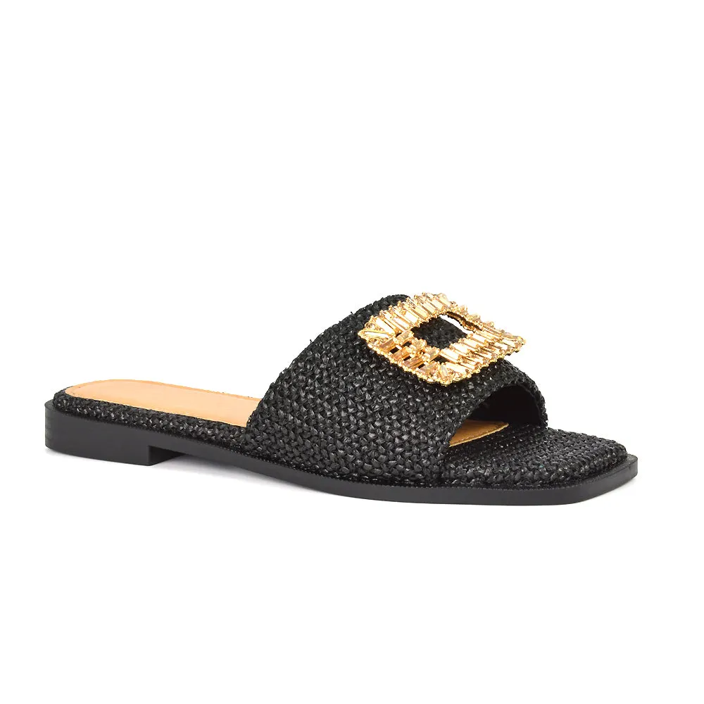 Trina Flat Square Toe Diamante Buckle Woven Slide Sandals in Black sold by XYlondon product image thumbnail 5