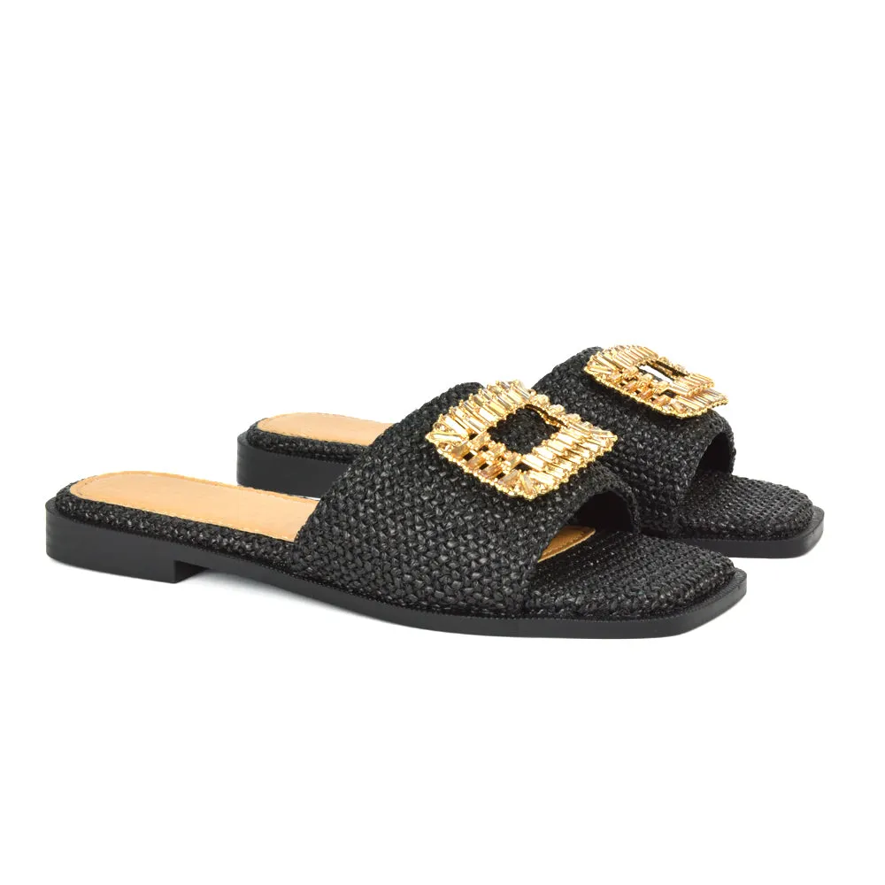 Trina Flat Square Toe Diamante Buckle Woven Slide Sandals in Black sold by XYlondon product image thumbnail 4