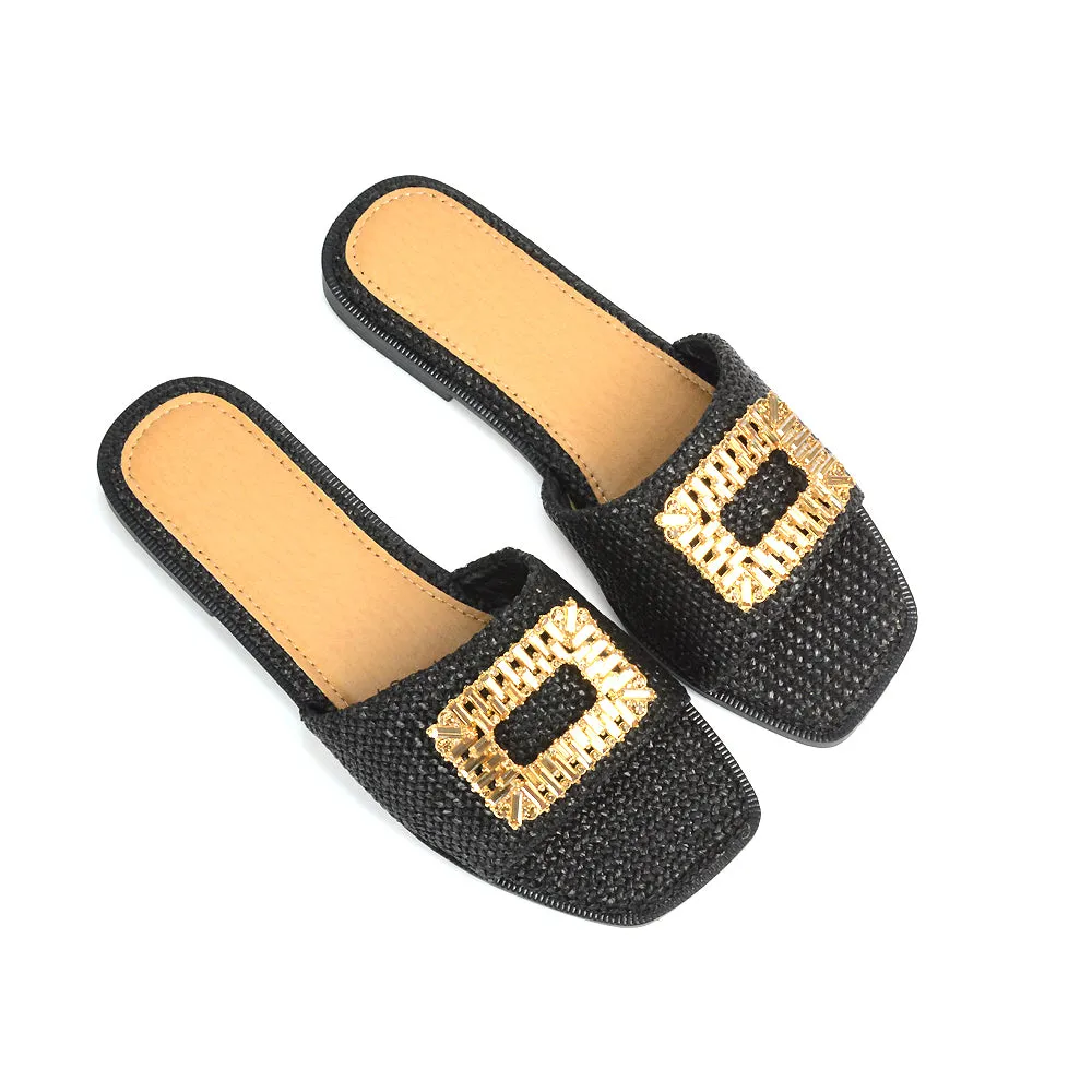 Trina Flat Square Toe Diamante Buckle Woven Slide Sandals in Black sold by XYlondon product image thumbnail 2