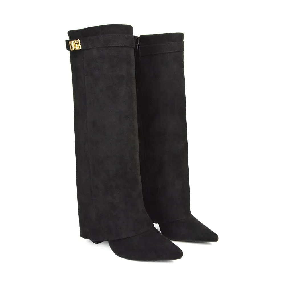 Rayna Pointed Toe Fold Over Knee High Boots With Block Heel in Black Faux Suede sold by XYlondon product image thumbnail 5