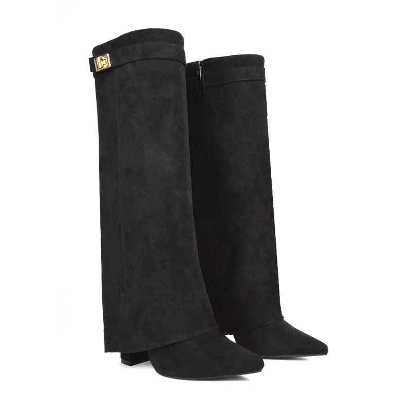 Rayna Pointed Toe Fold Over Knee High Boots With Block Heel in Black Faux Suede sold by XYlondon