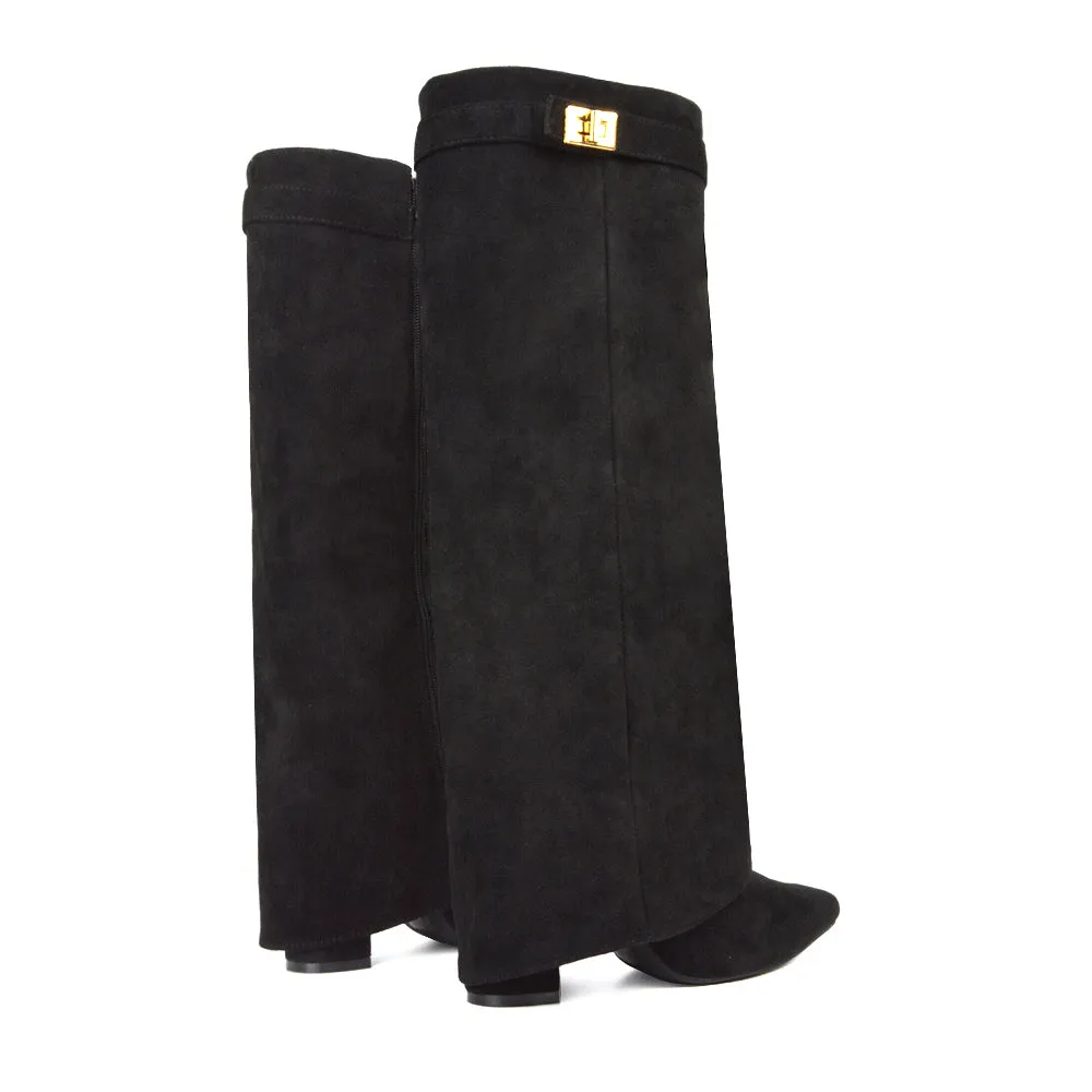 Rayna Pointed Toe Fold Over Knee High Boots With Block Heel in Black Faux Suede sold by XYlondon product image thumbnail 2