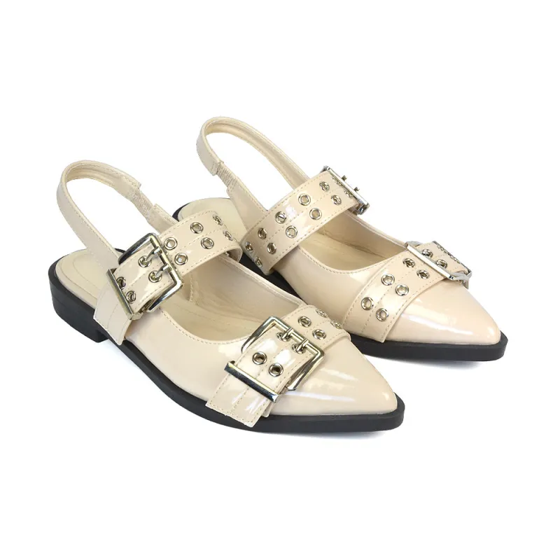 Kendall Buckle Mary Jane Ballet Pumps With Slingback Strap in Beige Patent sold by XYlondon