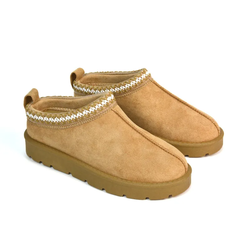 Vicky Flat Aztec Ultra Mini Boots Slip On Slippers With No Faux Fur Lining in Sand sold by XYlondon