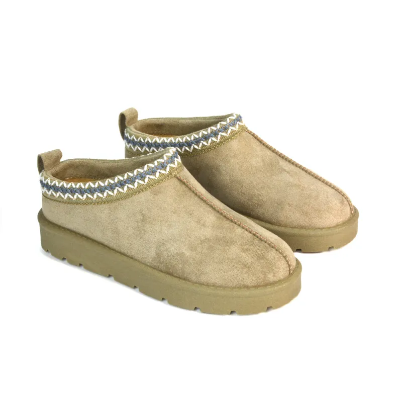 Vicky Flat Aztec Ultra Mini Boots Slip On Slippers With No Faux Fur Lining in Mushroom sold by XYlondon