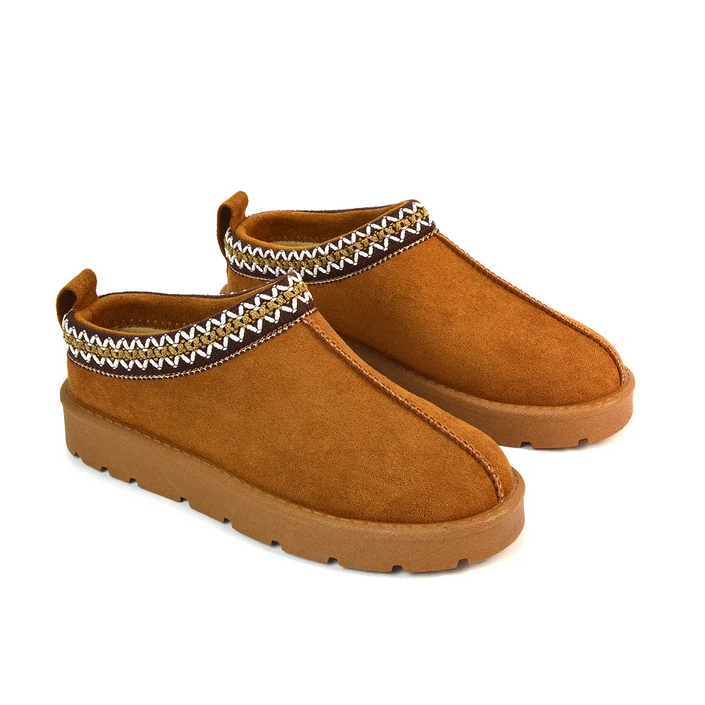 Vicky Flat Aztec Ultra Mini Boots Slip On Slippers With No Faux Fur Lining in Chestnut sold by XYlondon