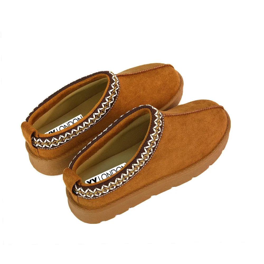 Vicky Flat Aztec Ultra Mini Boots Slip On Slippers With No Faux Fur Lining in Chestnut sold by XYlondon product image thumbnail 5