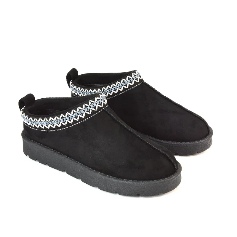 Vicky Flat Aztec Ultra Mini Boots Slip On Slippers With No Faux Fur Lining in Black sold by XYlondon