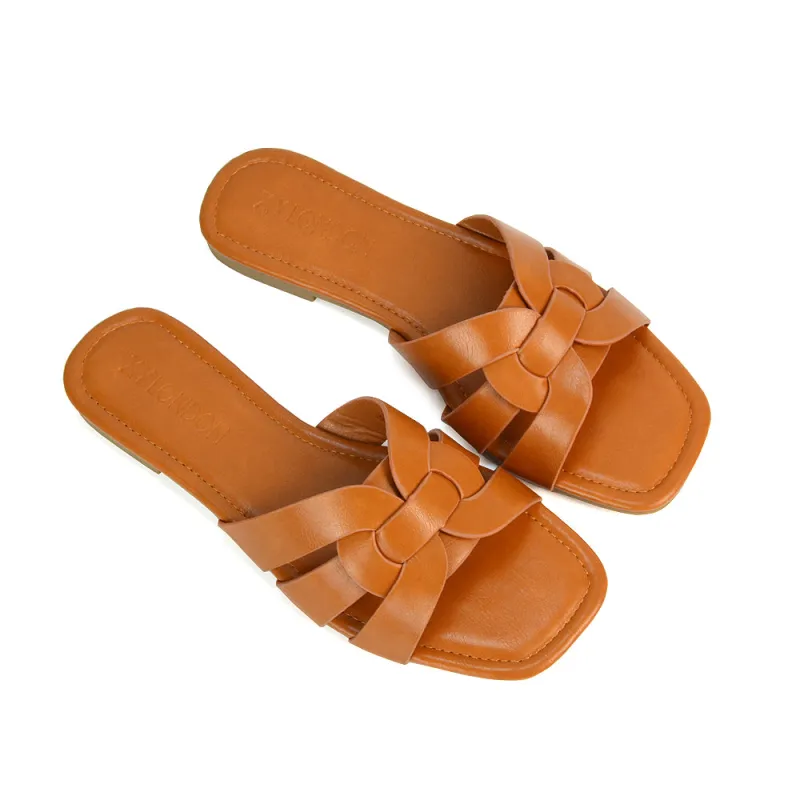 Luci Square Toe Slip On Summer Strappy Flat Women's Holiday Sandals in Tan Synthetic Leather sold by XYlondon