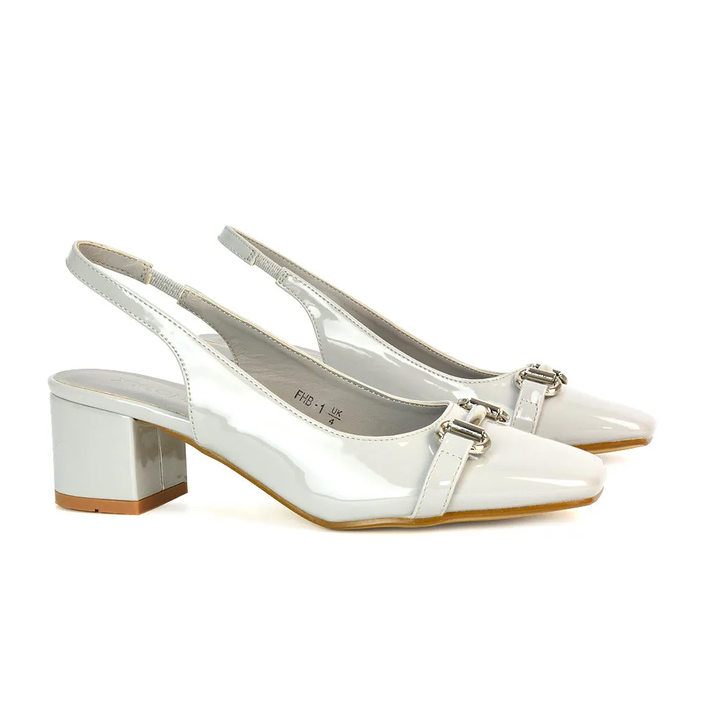 Selena Square Toe Slingback Mid Block Heel Ballet Court Shoes in Grey Patent sold by XYlondon product image thumbnail 2