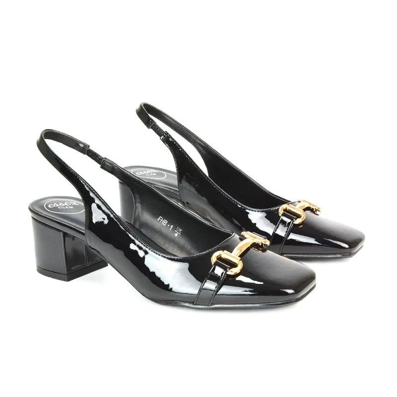 Selena Square Toe Slingback Mid Block Heel Ballet Court Shoes in Black Patent sold by XYlondon