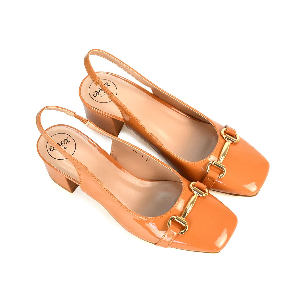 Selena Square Toe Slingback Mid Block Heel Ballet Court Shoes in Apricot Patent sold by XYlondon product image thumbnail 4