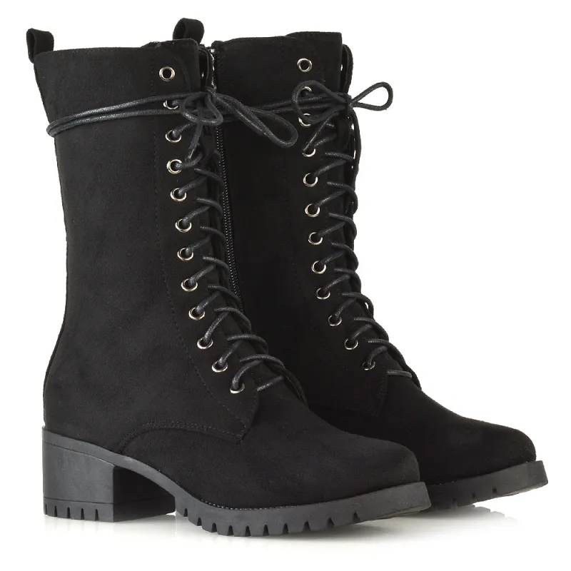 Jennifer Mid Calf Chunky Block Low Heel Lace Up Biker Boots in Black Faux Suede sold by XYlondon