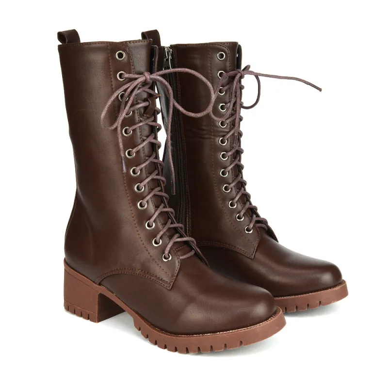 Jennifer Mid Calf Chunky Block Low Heel Lace Up Biker Boots in Brown Synthetic Leather sold by XYlondon