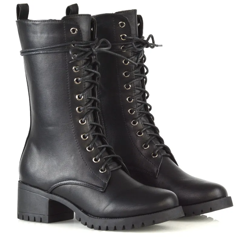 Jennifer Mid Calf Chunky Block Low Heel Lace Up Biker Boots in Black Synthetic Leather sold by XYlondon