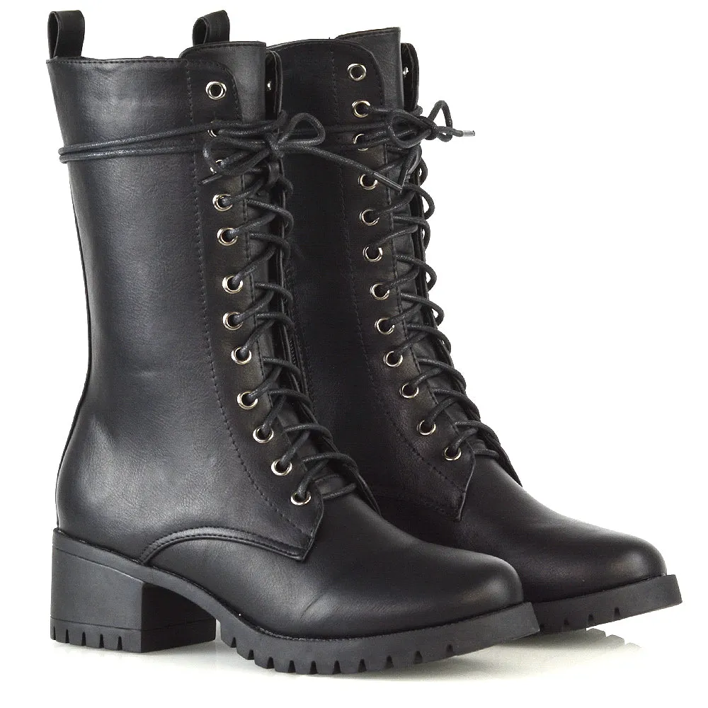 Jennifer Mid Calf Chunky Block Low Heel Lace Up Biker Boots in Black Synthetic Leather sold by XYlondon