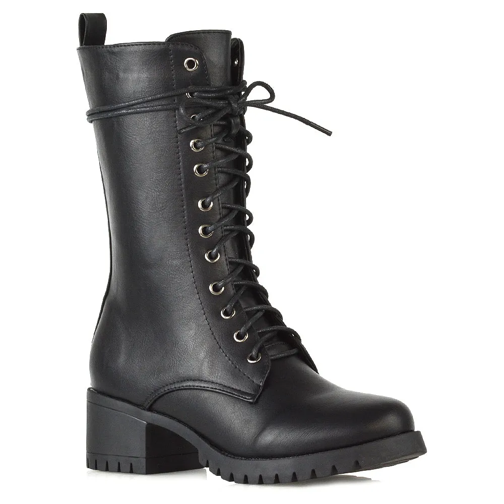 Jennifer Mid Calf Chunky Block Low Heel Lace Up Biker Boots in Black Synthetic Leather sold by XYlondon product image thumbnail 3