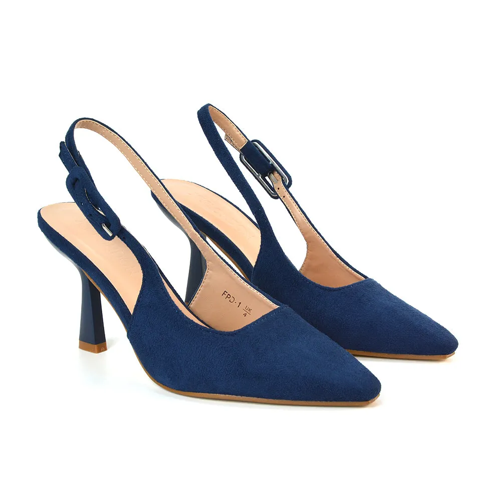 Betty Slingback Stiletto High Heel Pointed Toe Shoes in Navy Faux Suede sold by XYlondon