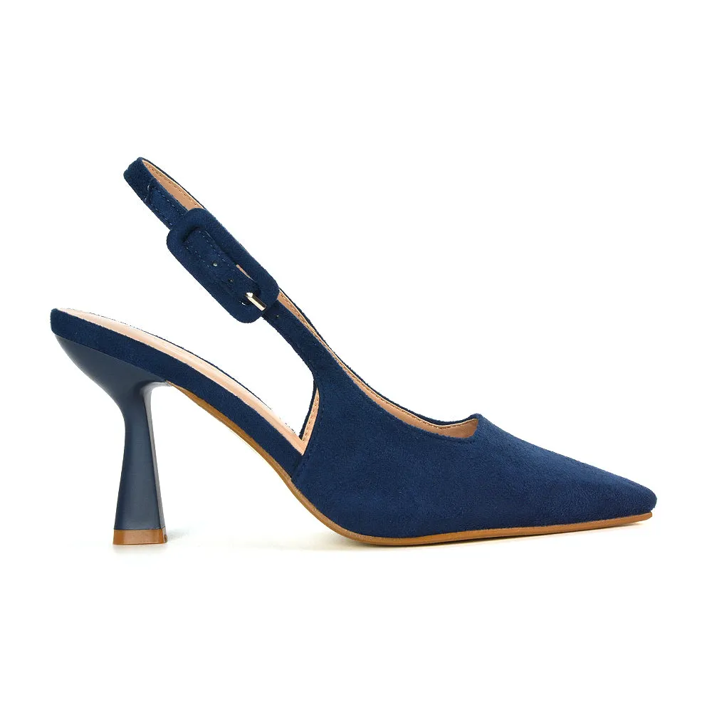 Betty Slingback Stiletto High Heel Pointed Toe Shoes in Navy Faux Suede sold by XYlondon product image thumbnail 3