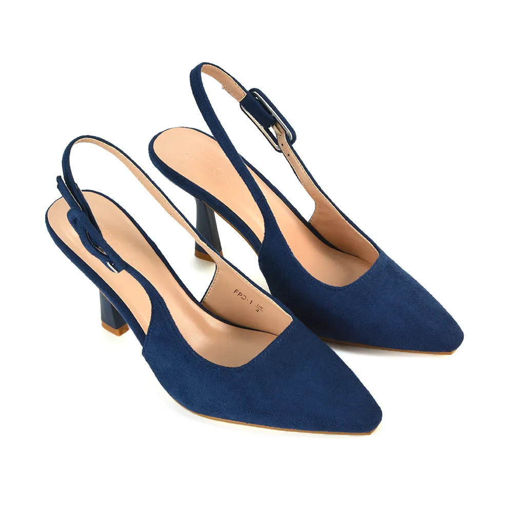 Betty Slingback Stiletto High Heel Pointed Toe Shoes in Navy Faux Suede sold by XYlondon product image thumbnail 5