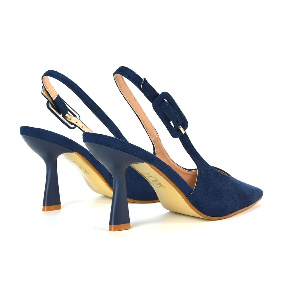 Betty Slingback Stiletto High Heel Pointed Toe Shoes in Navy Faux Suede sold by XYlondon product image thumbnail 2