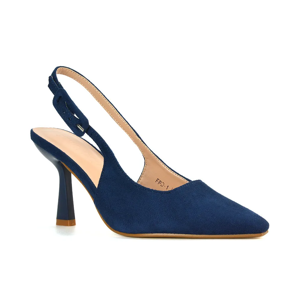 Betty Slingback Stiletto High Heel Pointed Toe Shoes in Navy Faux Suede sold by XYlondon product image thumbnail 4