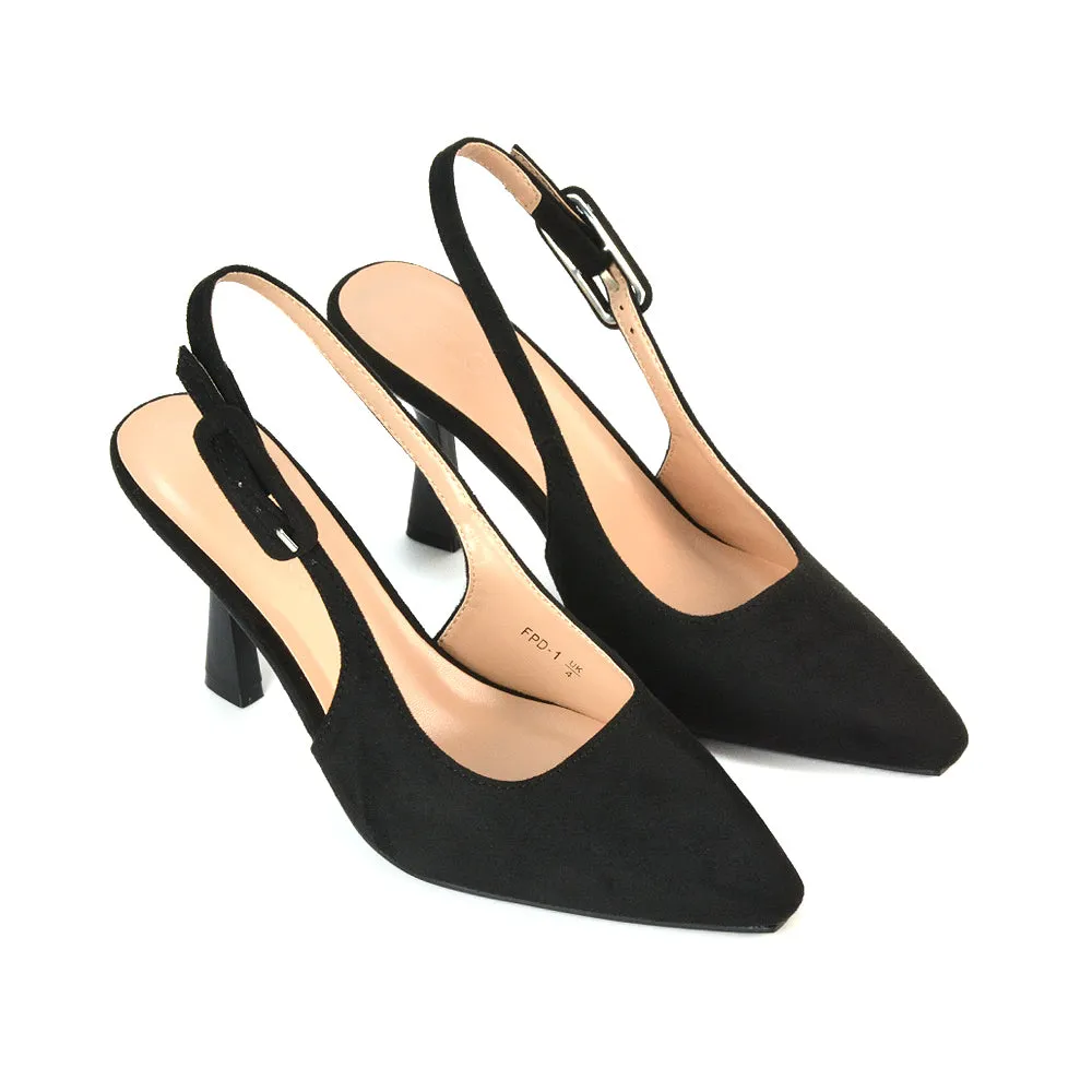 Betty Slingback Stiletto High Heel Pointed Toe Shoes in Black Faux Suede sold by XYlondon product image thumbnail 4