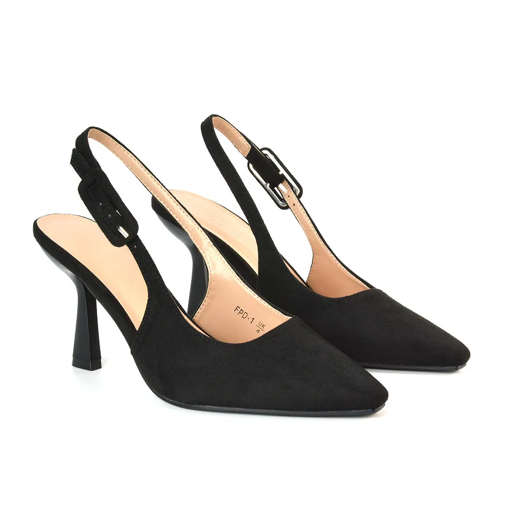 Betty Slingback Stiletto High Heel Pointed Toe Shoes in Black Faux Suede sold by XYlondon
