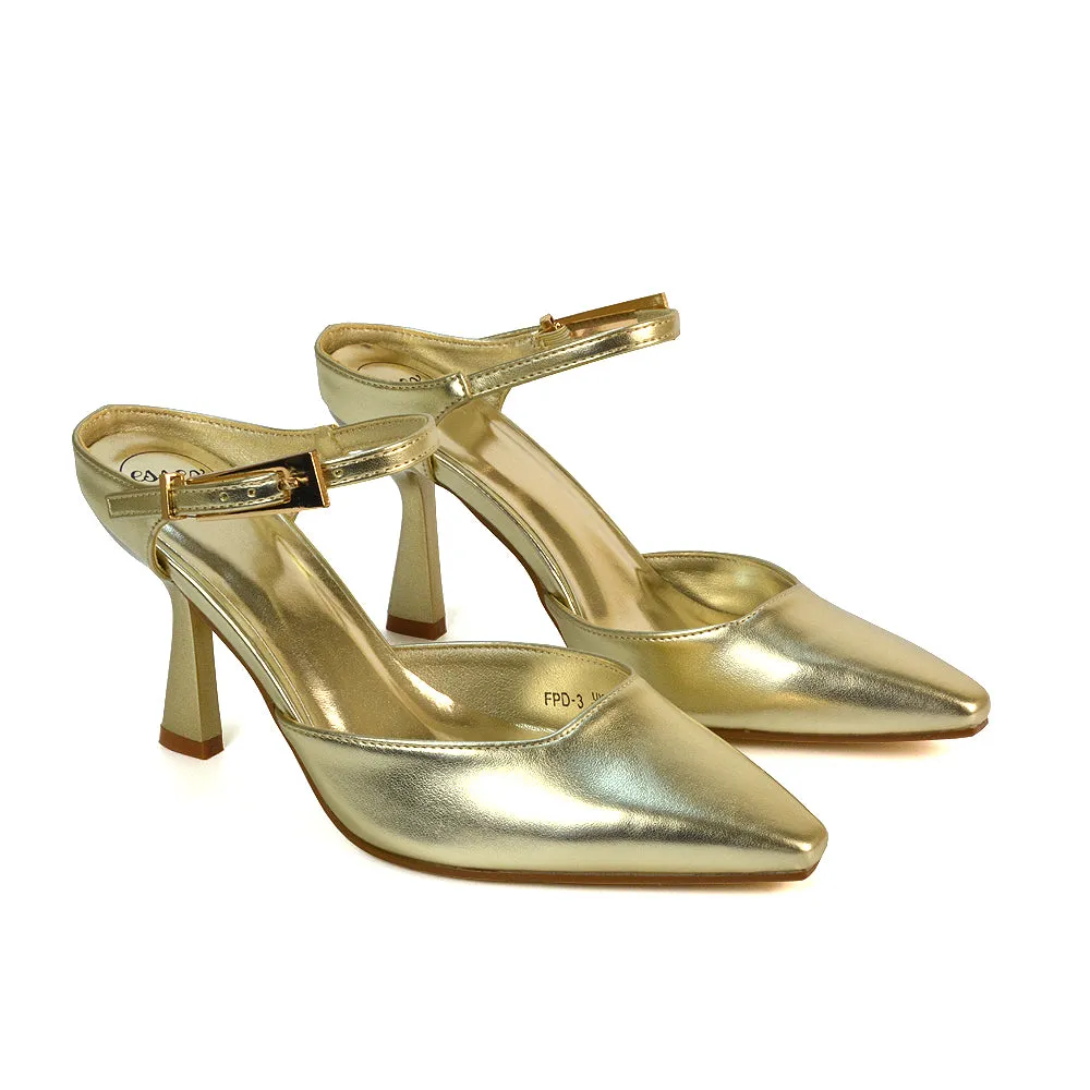 Daisy Stiletto High Heel Strappy Pointed Toe Slip On Shoes in Gold Metallic sold by XYlondon product image thumbnail 3