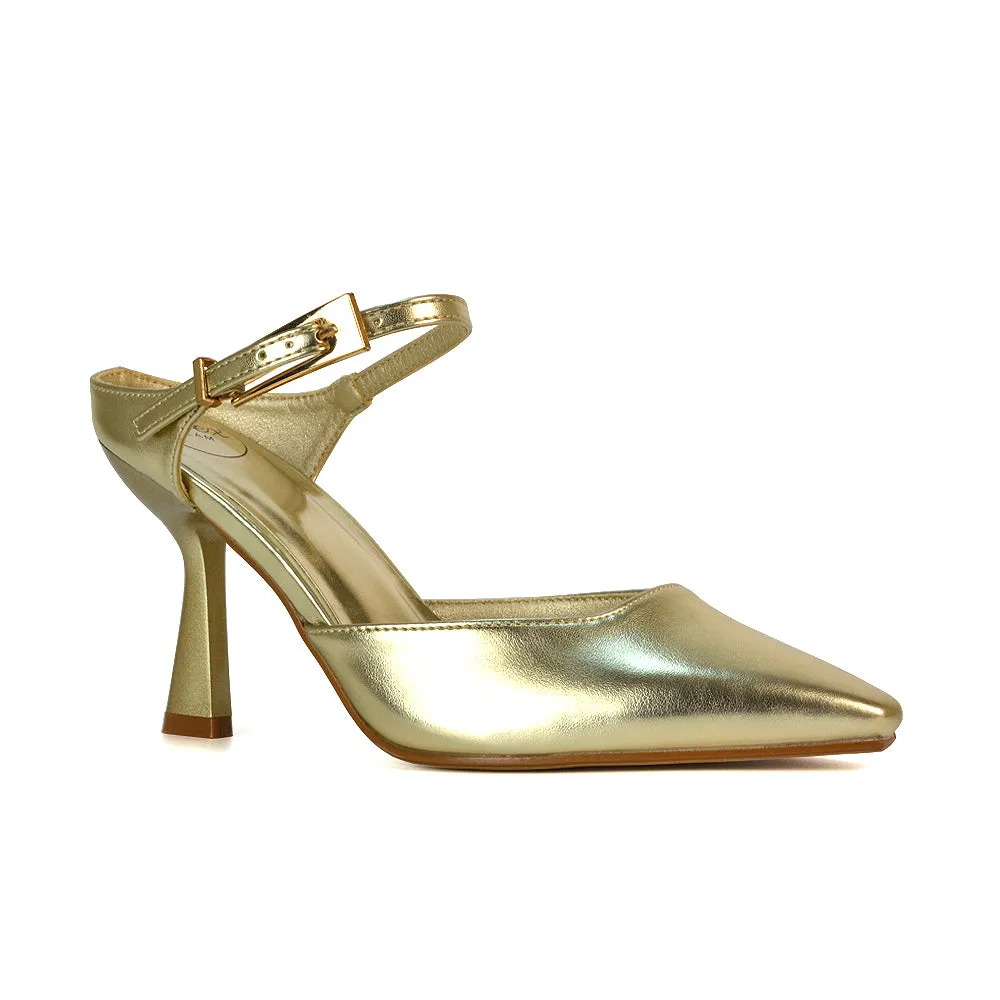 Daisy Stiletto High Heel Strappy Pointed Toe Slip On Shoes in Gold Metallic sold by XYlondon product image thumbnail 5