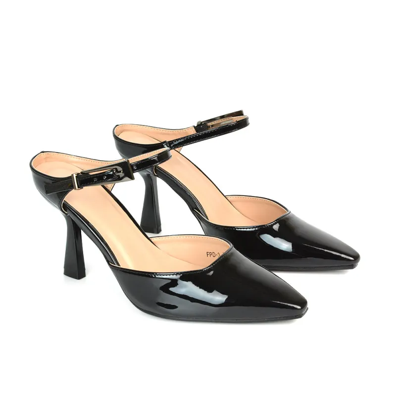 Daisy Stiletto High Heel Strappy Pointed Toe Slip On Shoes in Black Patent made by XYlondon