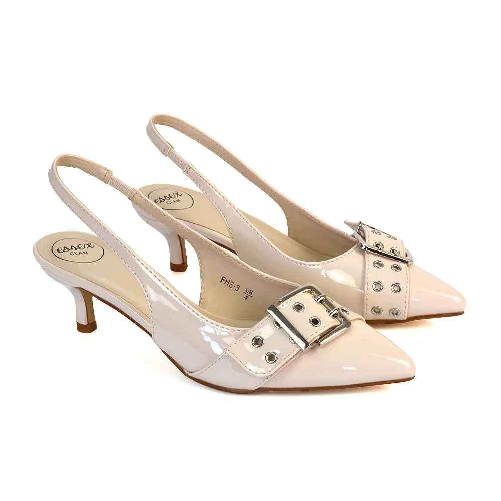 Lexi Buckle Pointed Toe Slingback Low Kitten Heels in Nude Patent sold by XYlondon