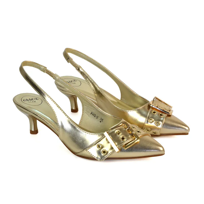 Lexi Buckle Pointed Toe Slingback Low Kitten Heels in Gold Metallic sold by XYlondon
