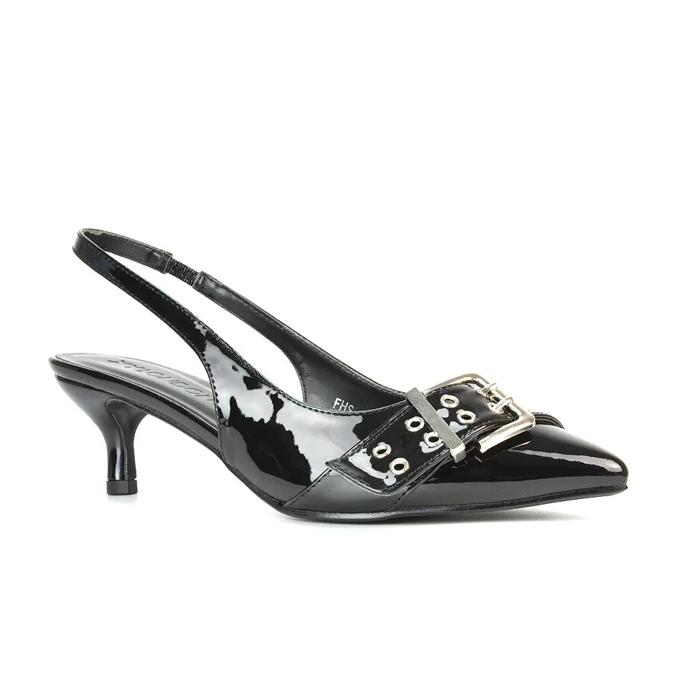 Lexi Buckle Pointed Toe Slingback Low Kitten Heels in Black Patent sold by XYlondon product image thumbnail 5