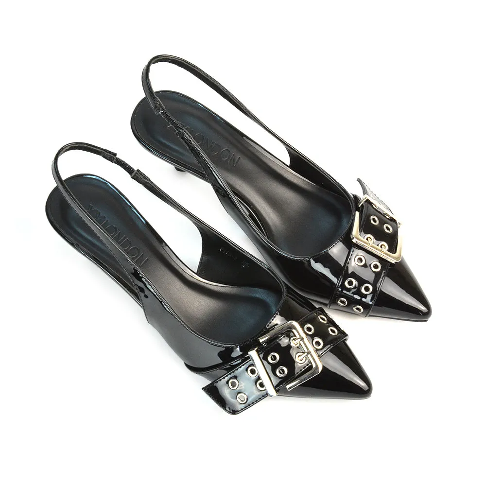Lexi Buckle Pointed Toe Slingback Low Kitten Heels in Black Patent sold by XYlondon product image thumbnail 3