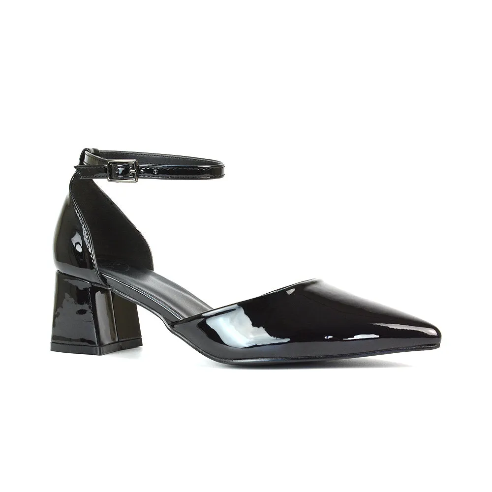 Evie Low Block Heel Pointed Toe Ankle Strap Court Shoes in Black Patent sold by XYlondon product image thumbnail 5