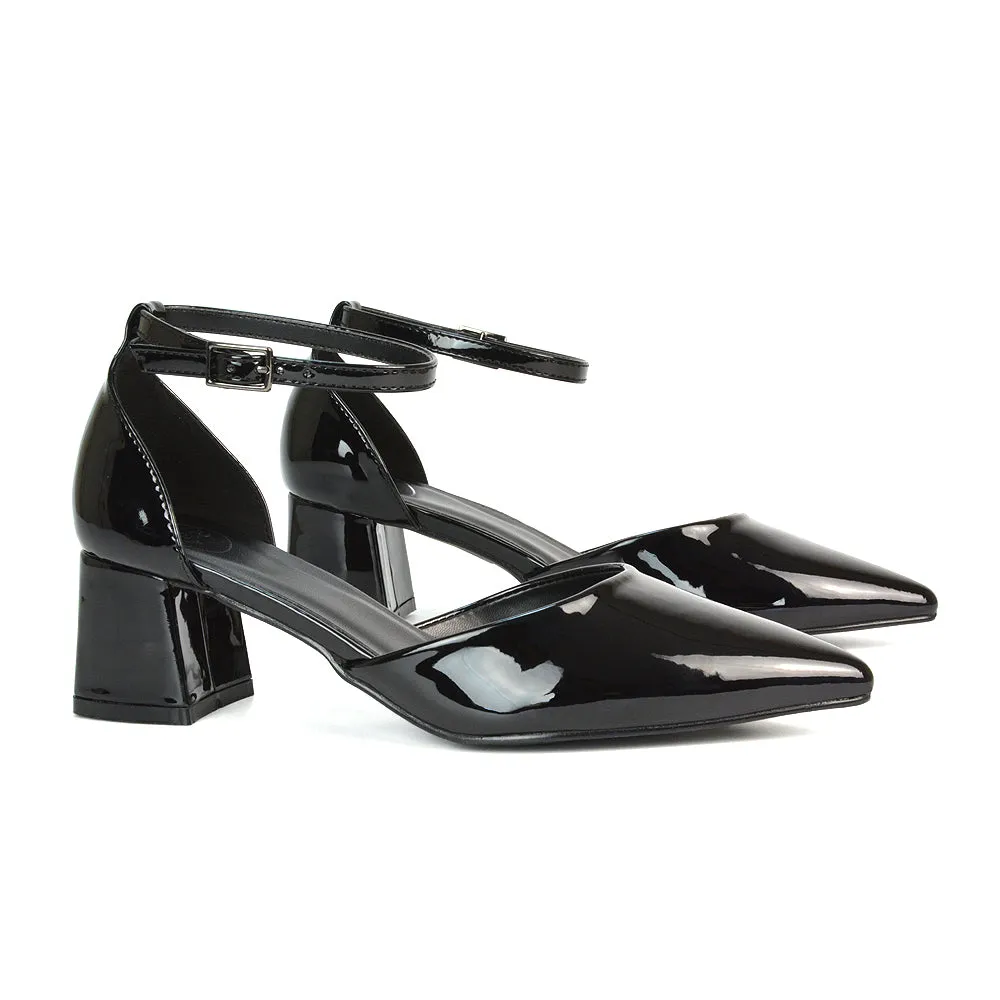 Evie Low Block Heel Pointed Toe Ankle Strap Court Shoes in Black Patent sold by XYlondon product image thumbnail 4