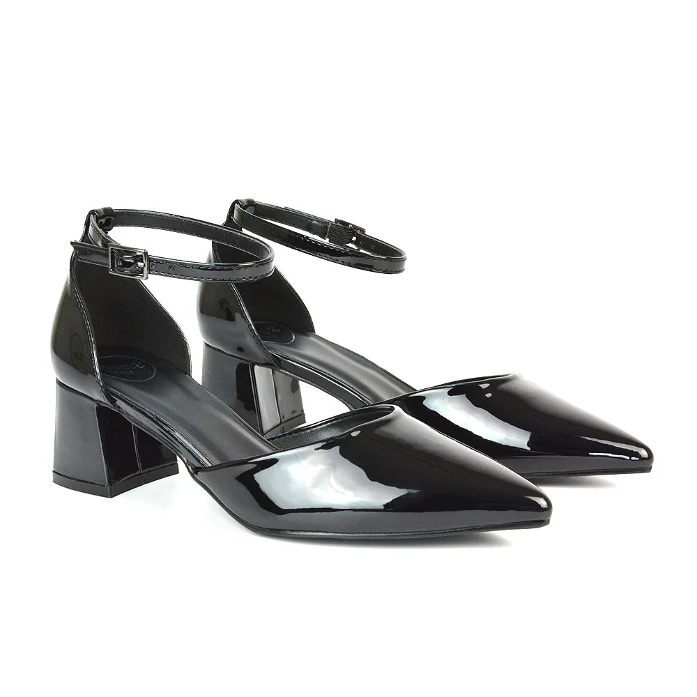 Evie Low Block Heel Pointed Toe Ankle Strap Court Shoes in Black Patent sold by XYlondon product image thumbnail 3