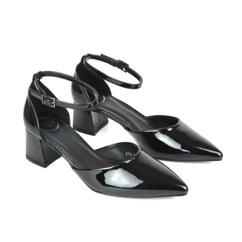 Evie Low Block Heel Pointed Toe Ankle Strap Court Shoes in Black Patent sold by XYlondon