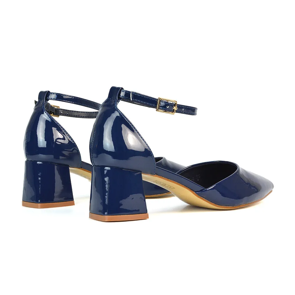Evie Low Block Heel Pointed Toe Ankle Strap Court Shoes in Navy Patent sold by XYlondon product image thumbnail 5